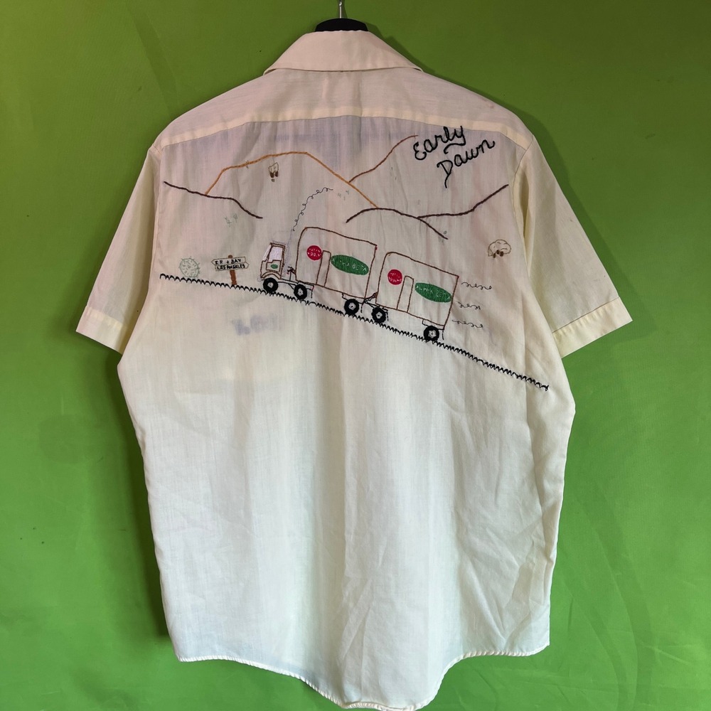 Vintage Hand Embroidered Alpha Beta Trucking Shirt Don 50s/60s Cream Large